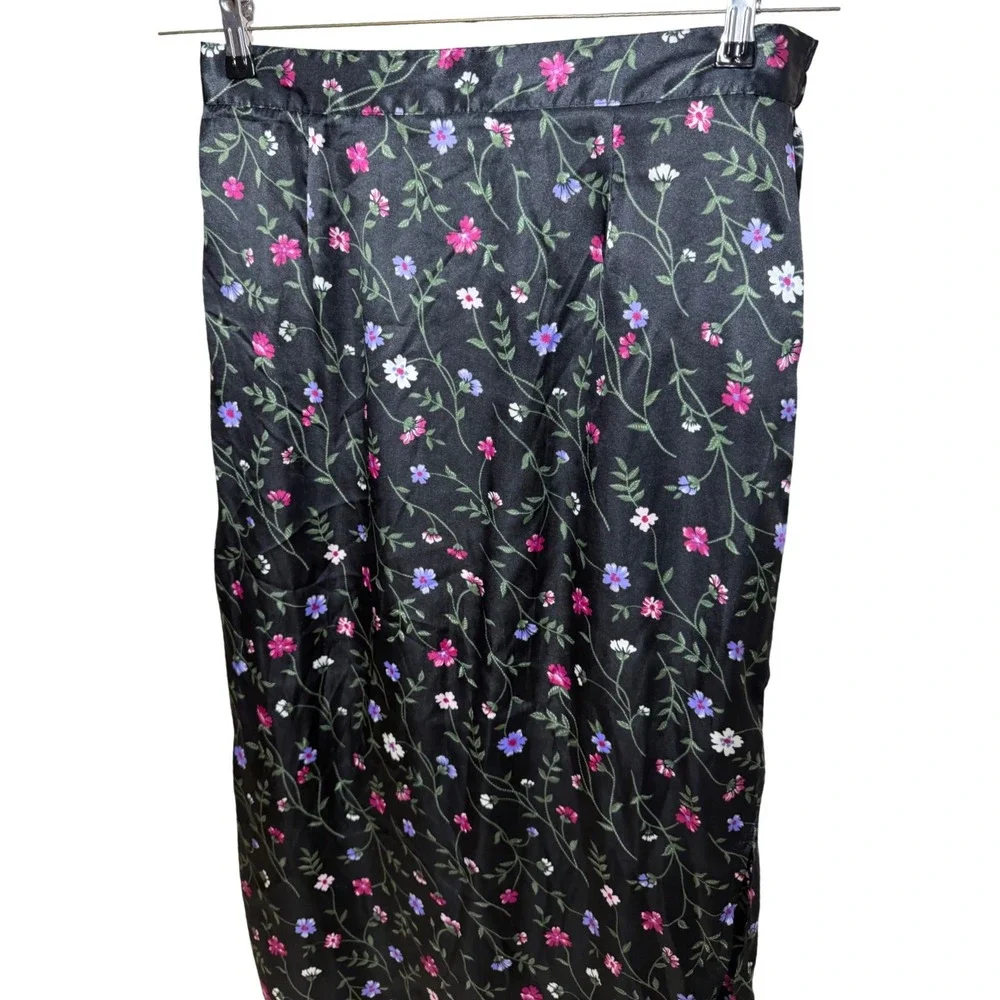 Vintage Fashion Bug Floral Satin Midi Skirt Black Pink Purple Plus 14W/16W USA